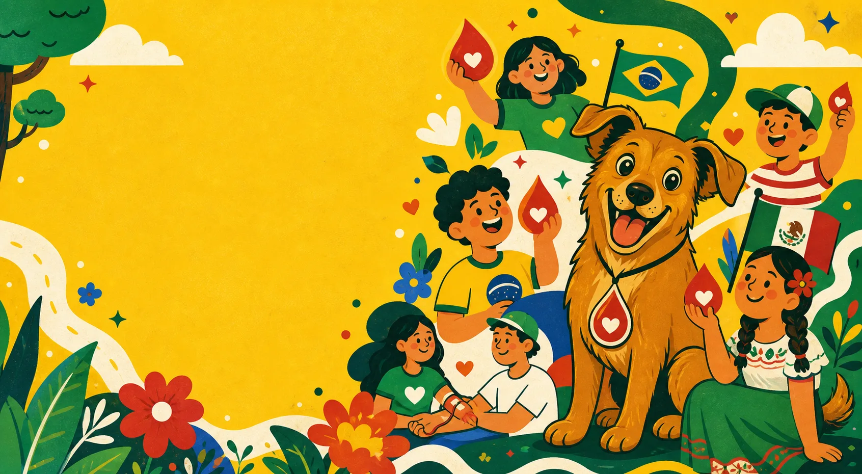 Ilustração colorida do cachorro caramelo com pessoas do Brasil e do México em uma campanha de doação de sangue