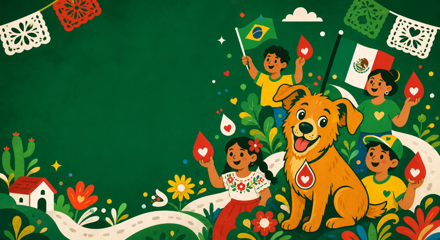 Ilustración colorida del perro caramelo con personas de México y Brasil en una campaña de donación de sangre